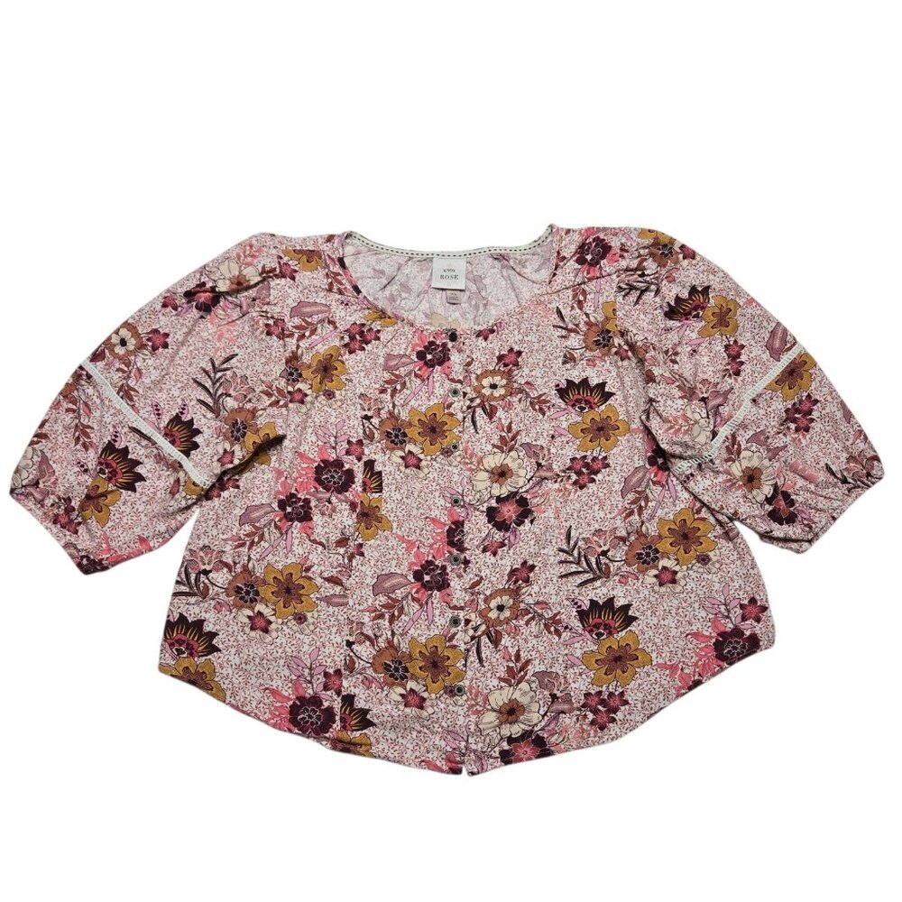 Knox Rose Top Womens XL Pink Floral Button Up Balloon Sleeve Boho‎ Blouse